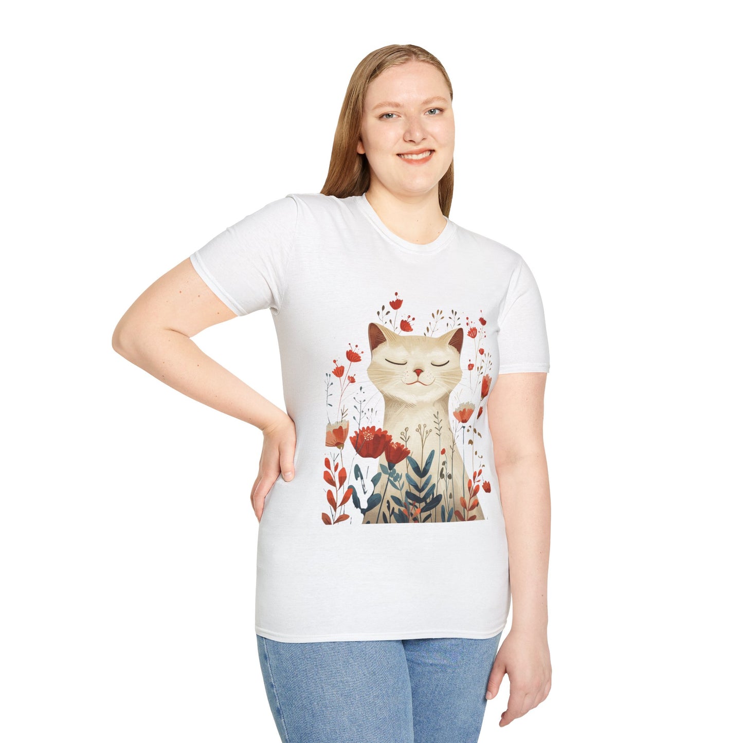 Peaceful Cat Floral - Unisex Softstyle T-Shirt