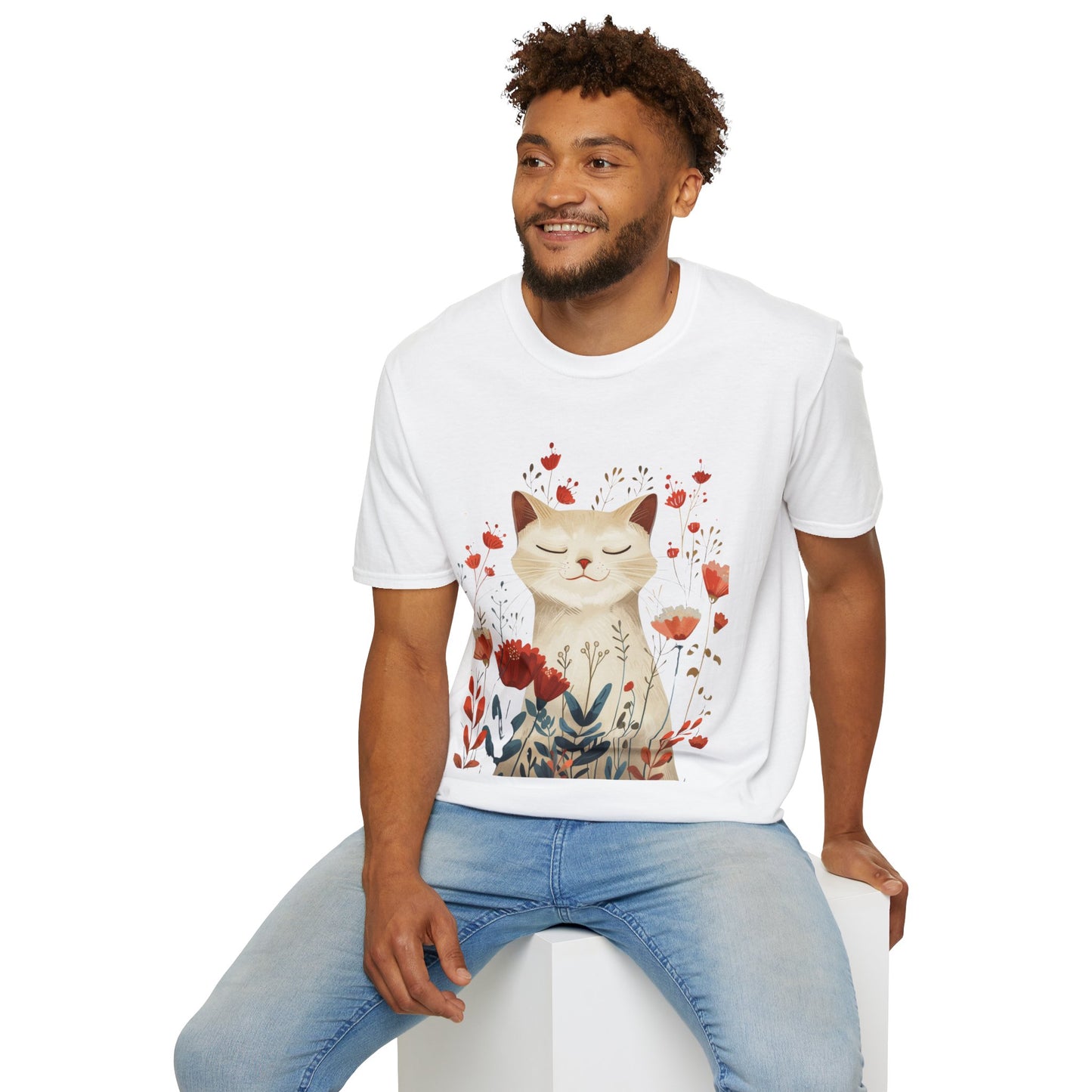 Peaceful Cat Floral - Unisex Softstyle T-Shirt