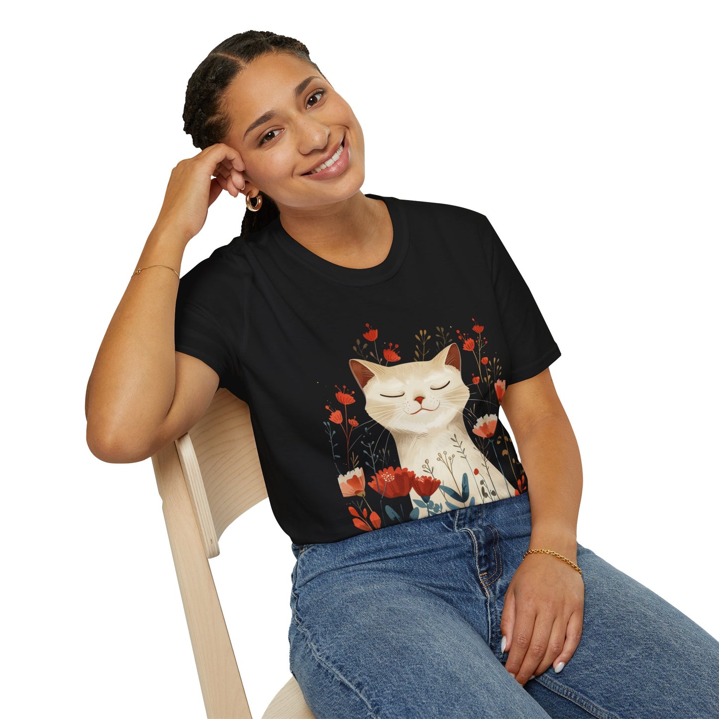 Peaceful Cat Floral - Unisex Softstyle T-Shirt