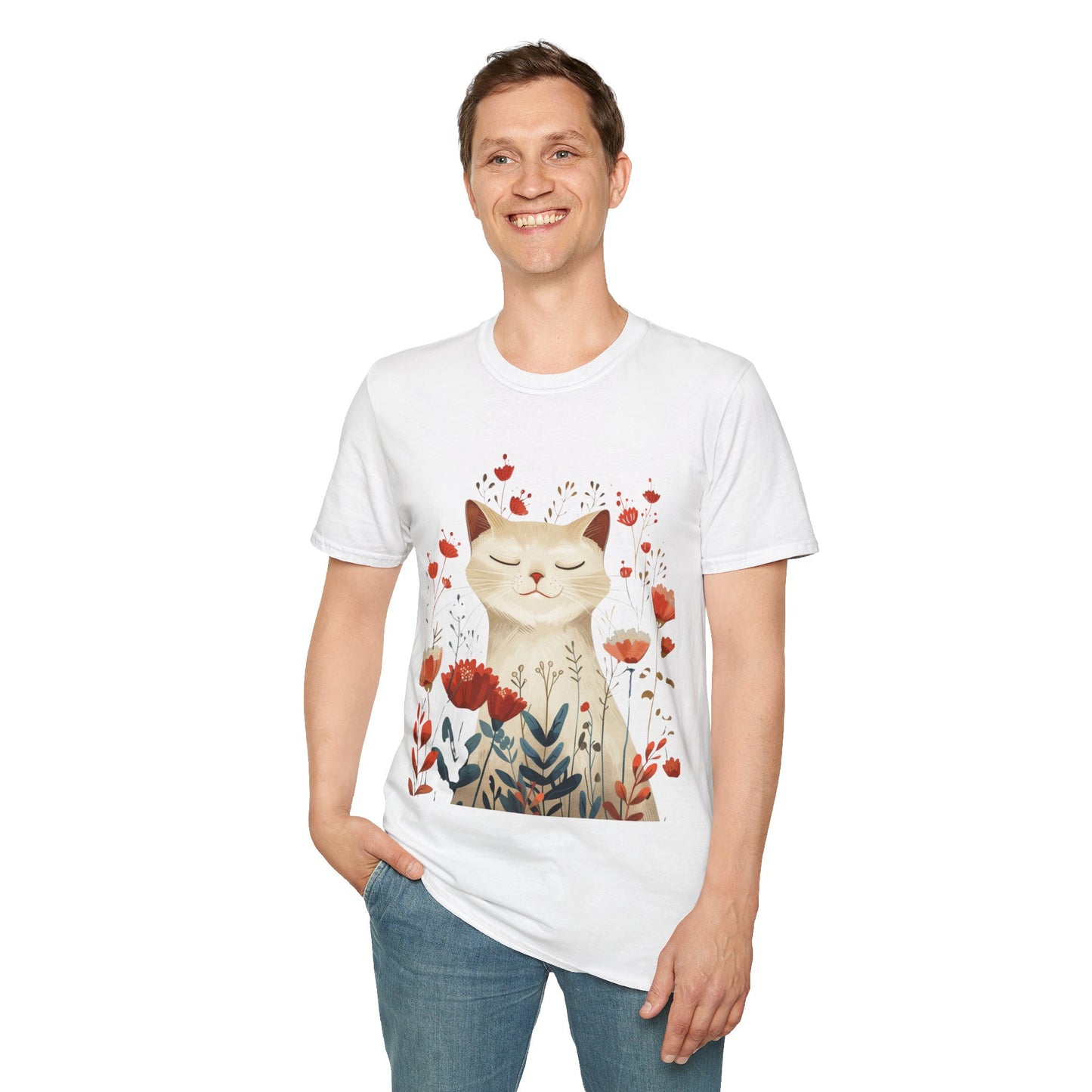 Peaceful Cat Floral - Unisex Softstyle T-Shirt