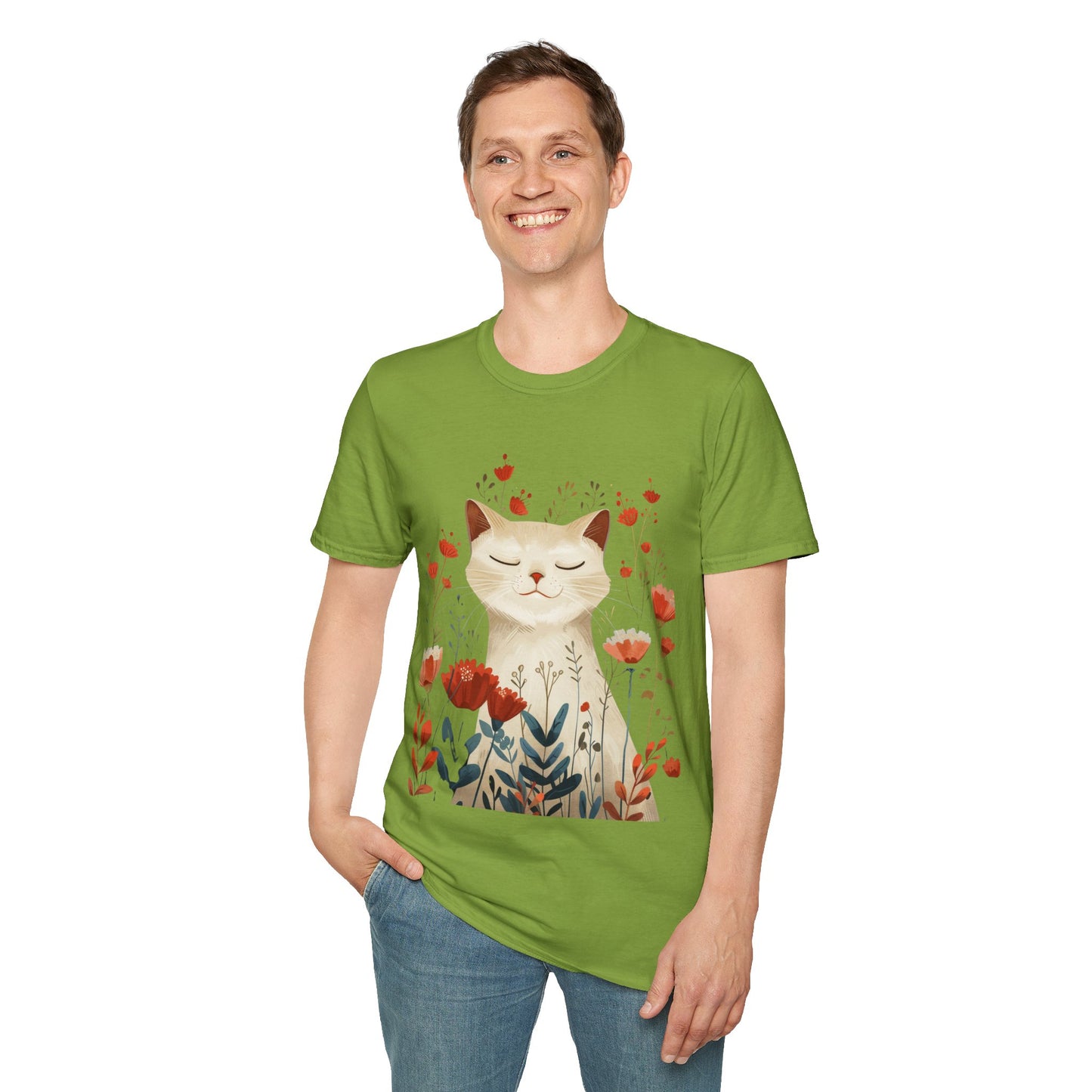 Peaceful Cat Floral - Unisex Softstyle T-Shirt