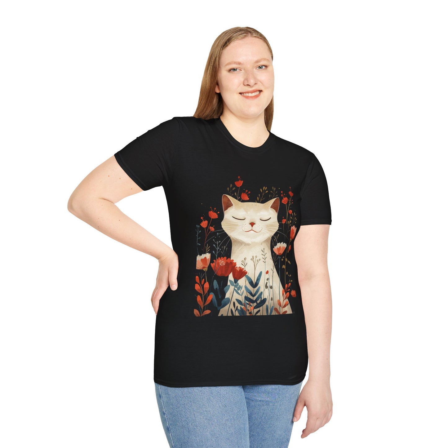 Peaceful Cat Floral - Unisex Softstyle T-Shirt