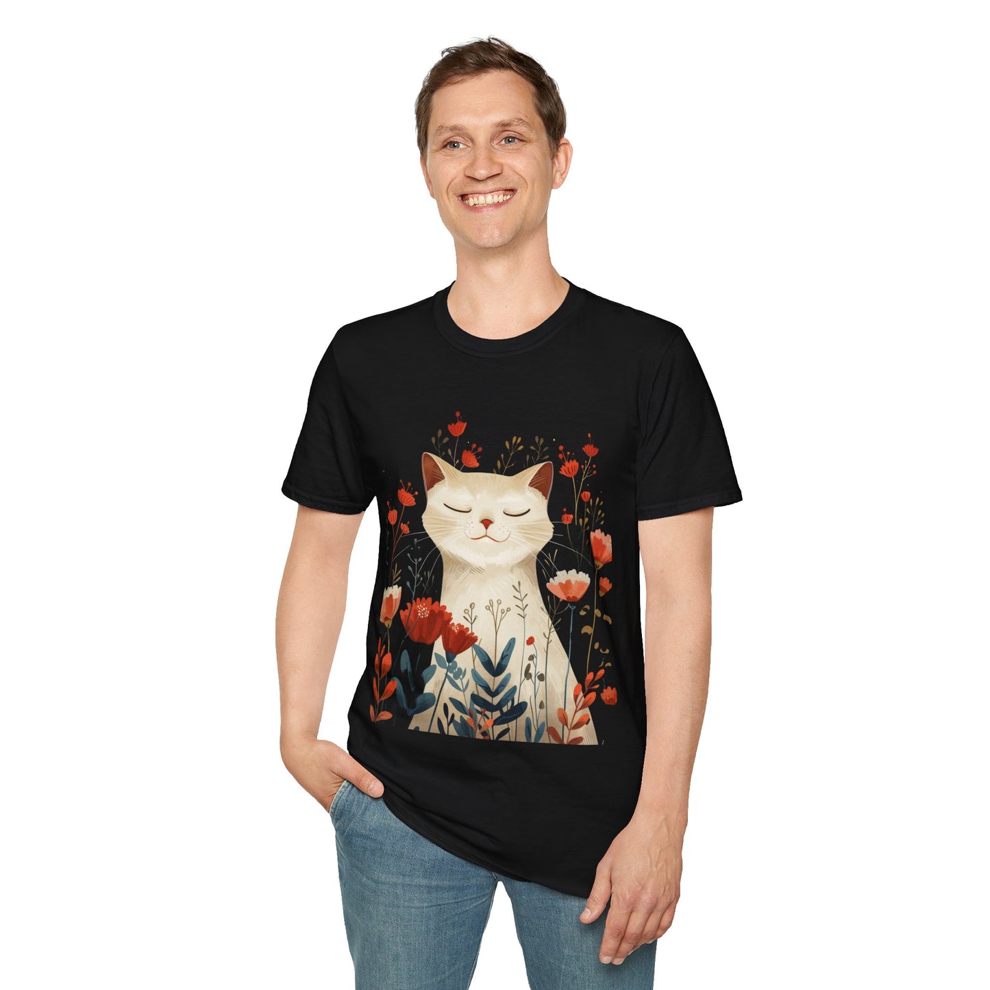 Peaceful Cat Floral - Unisex Softstyle T-Shirt