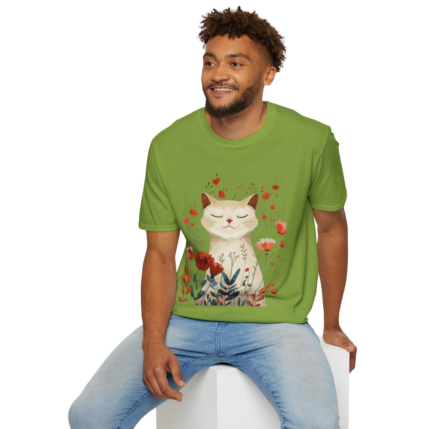 Peaceful Cat Floral - Unisex Softstyle T-Shirt