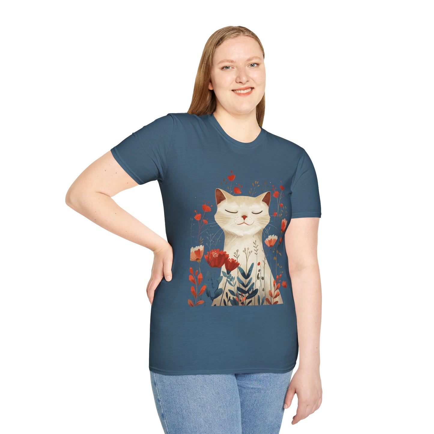 Peaceful Cat Floral - Unisex Softstyle T-Shirt