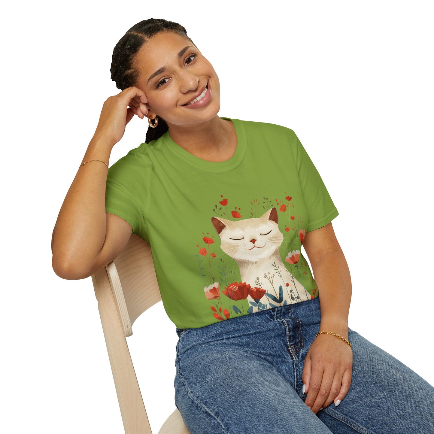 Peaceful Cat Floral - Unisex Softstyle T-Shirt