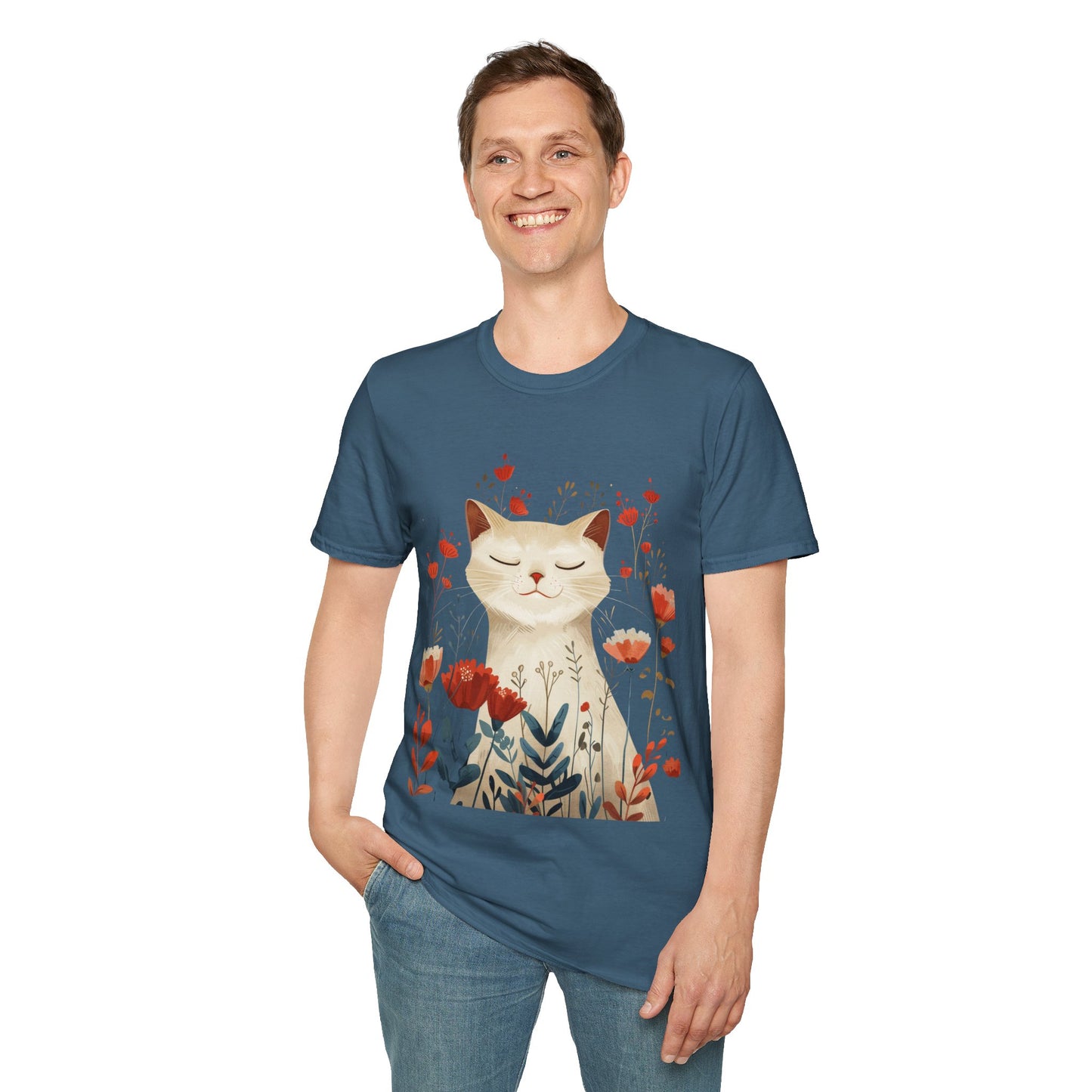 Peaceful Cat Floral - Unisex Softstyle T-Shirt