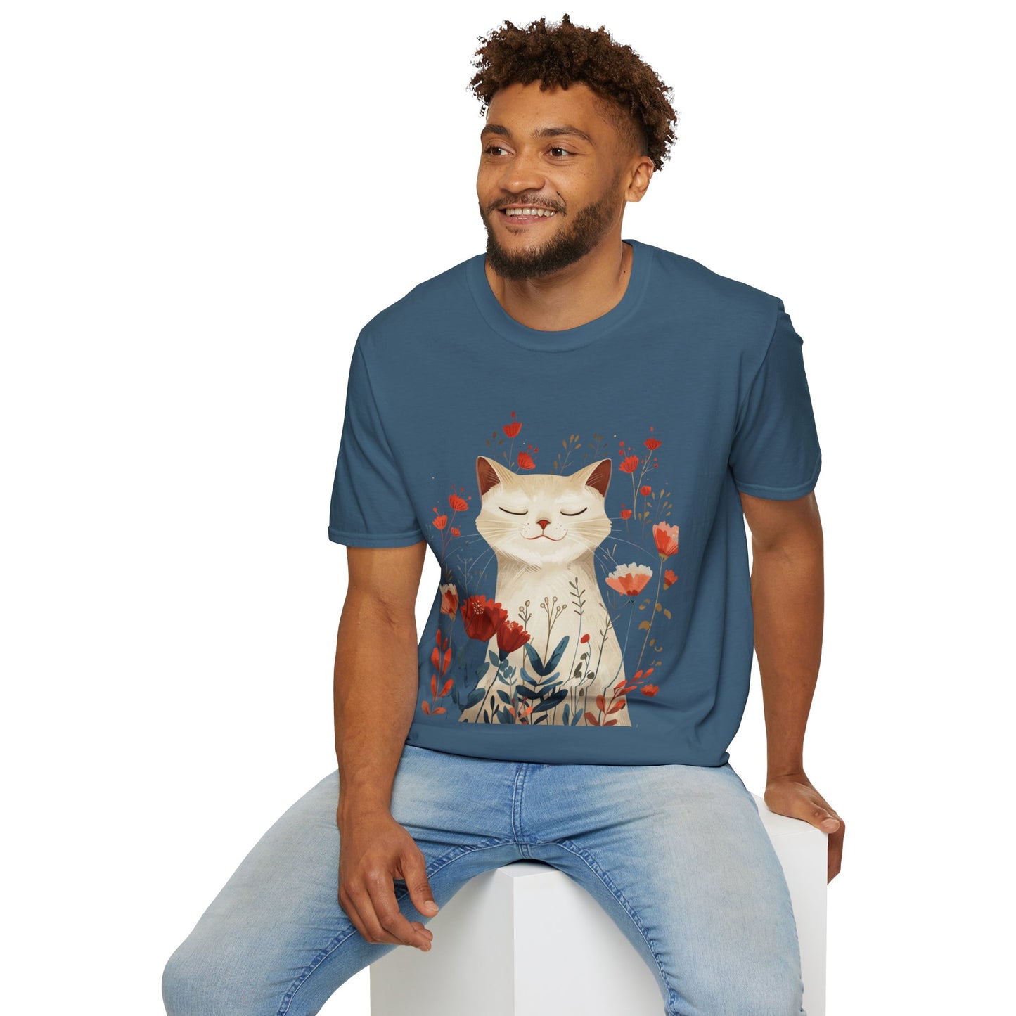 Peaceful Cat Floral - Unisex Softstyle T-Shirt