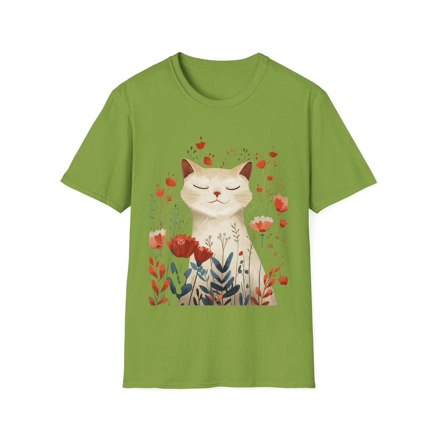 Peaceful Cat Floral - Unisex Softstyle T-Shirt