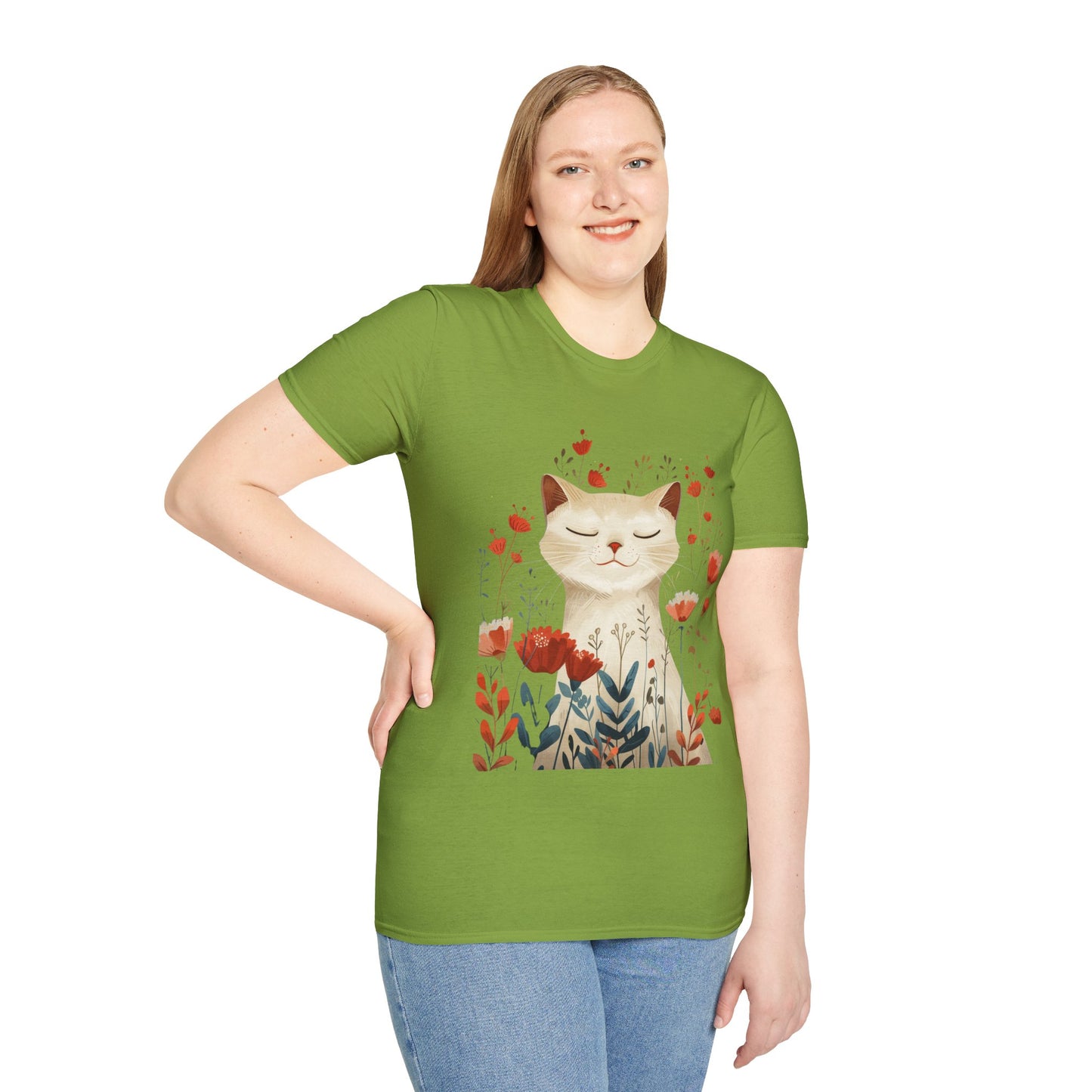 Peaceful Cat Floral - Unisex Softstyle T-Shirt