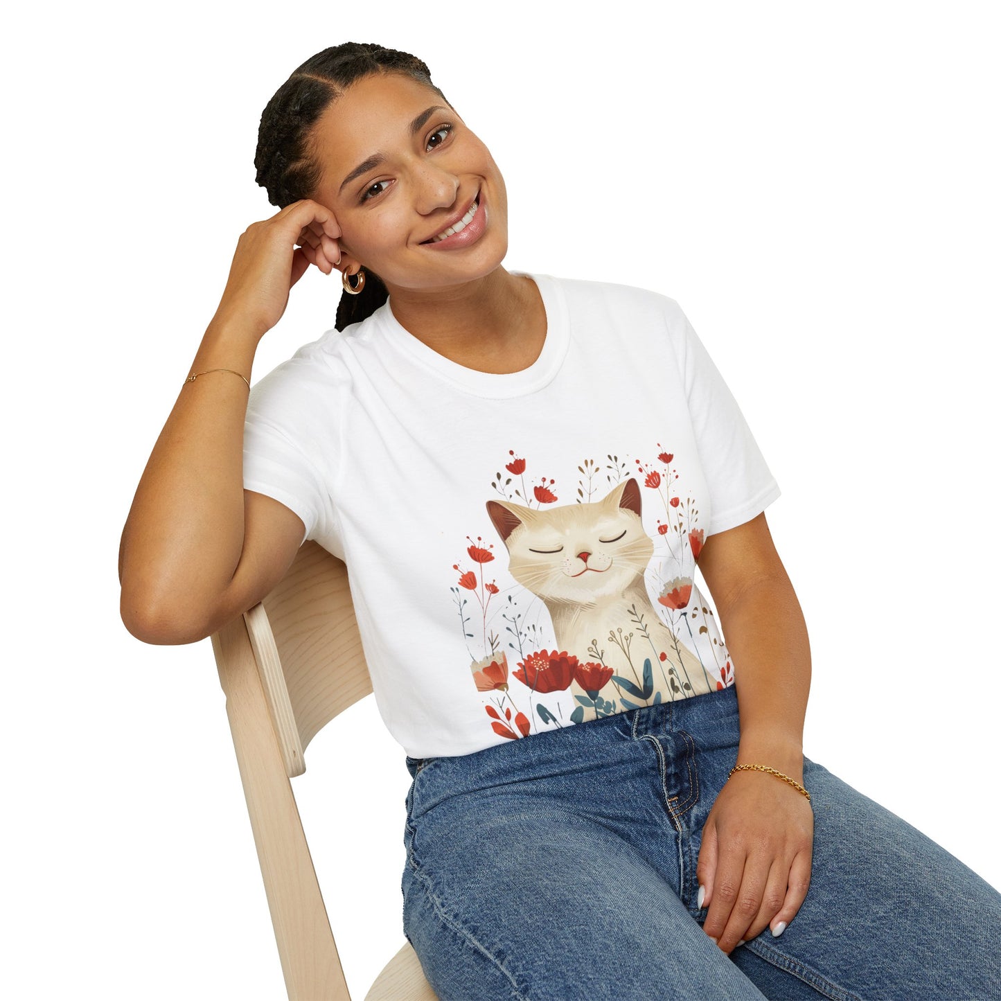 Peaceful Cat Floral - Unisex Softstyle T-Shirt