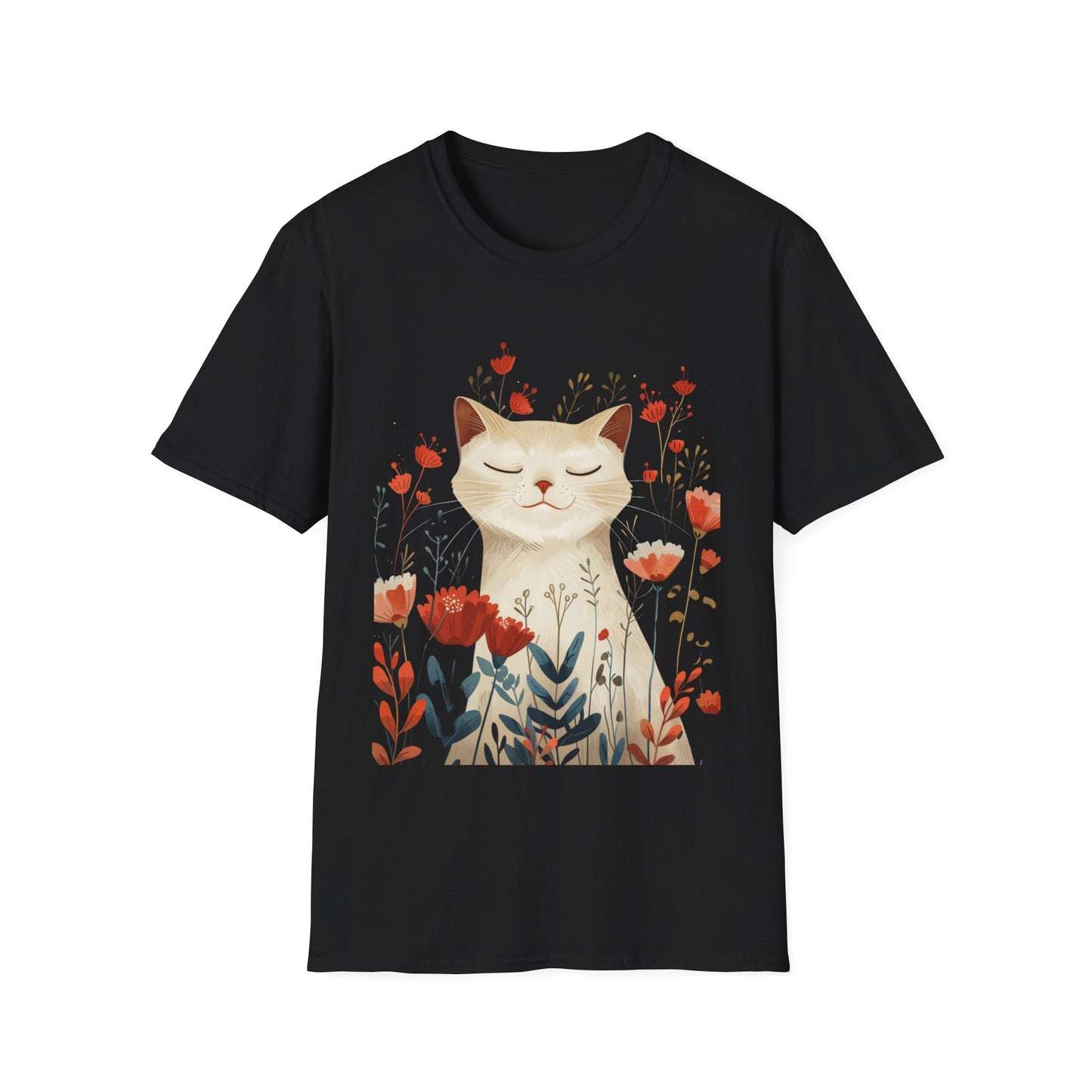 Peaceful Cat Floral - Unisex Softstyle T-Shirt