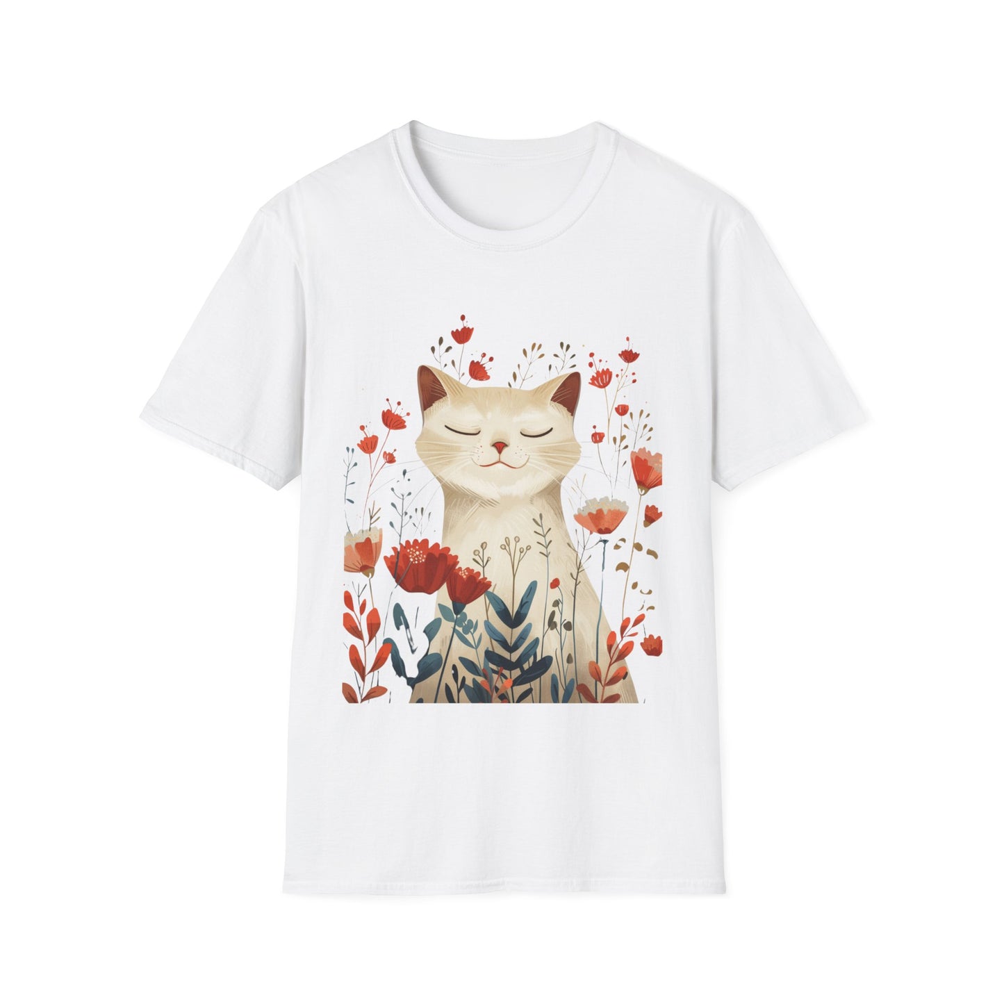 Peaceful Cat Floral - Unisex Softstyle T-Shirt