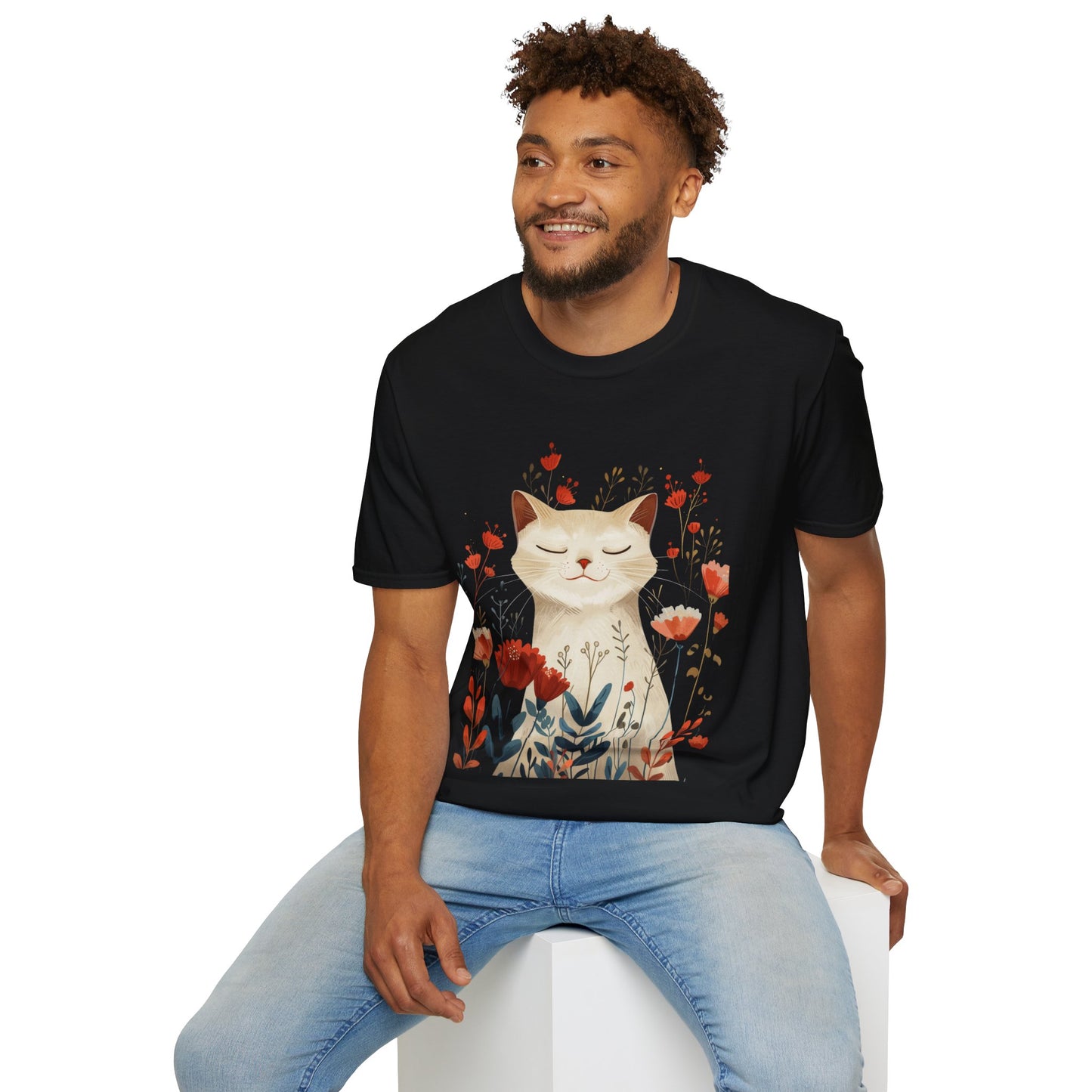 Peaceful Cat Floral - Unisex Softstyle T-Shirt