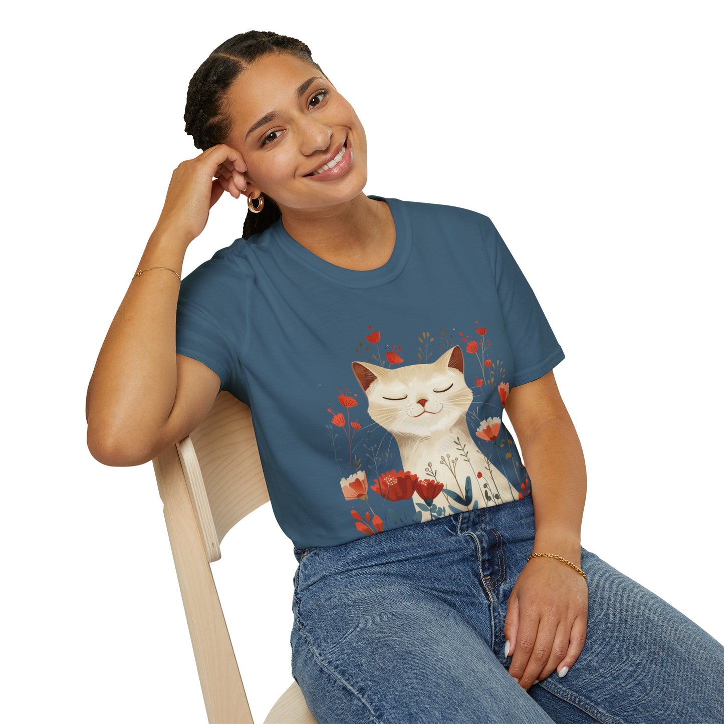 Peaceful Cat Floral - Unisex Softstyle T-Shirt